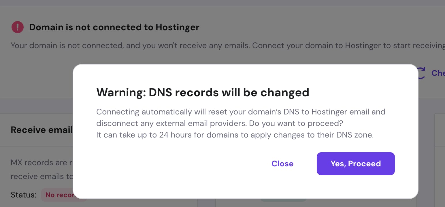 Hostinger email warning modal about DNS records changing, with Yes, Proceed button highlighted