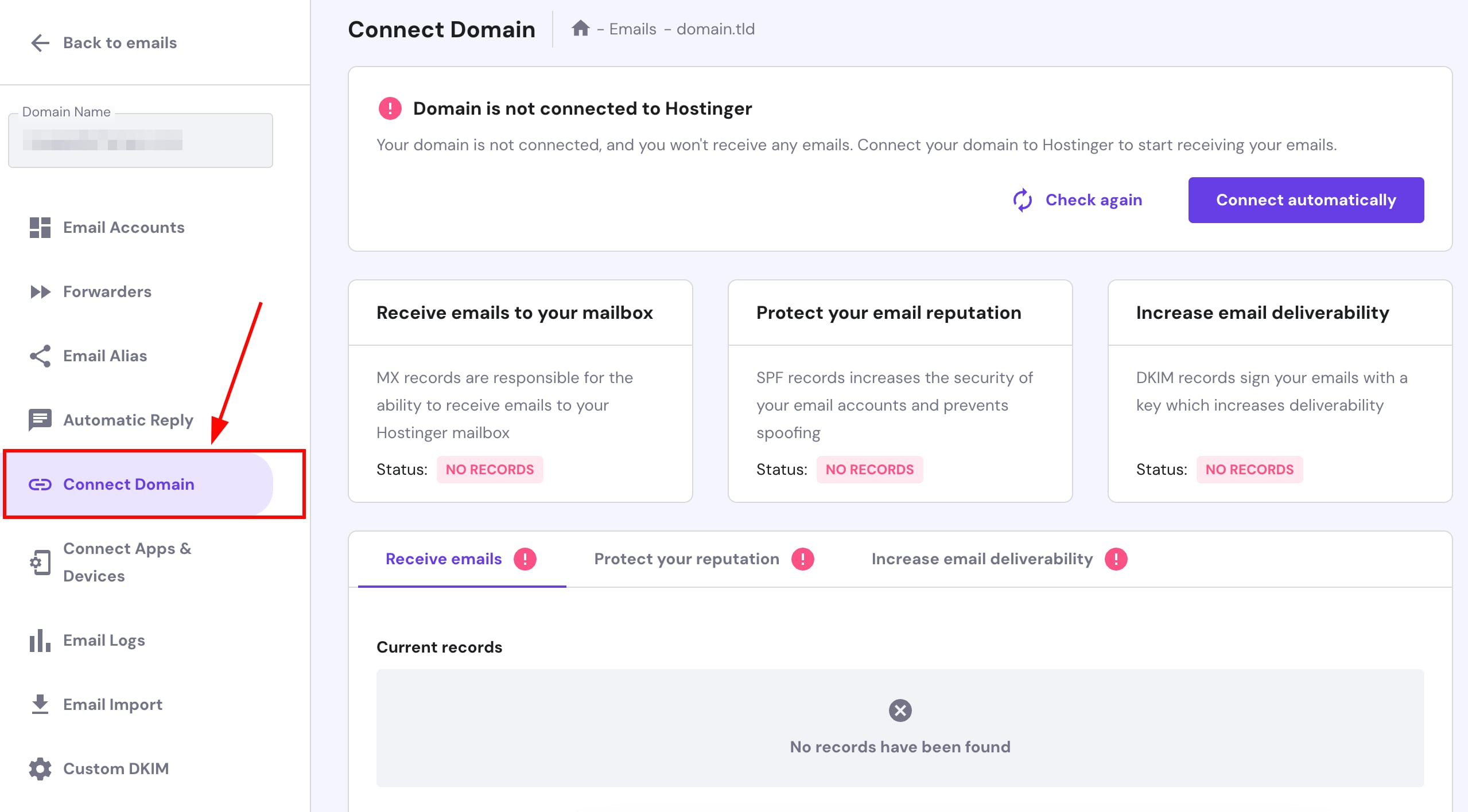 Hostinger Email Connect Domain menu item highlighted in the sidebar