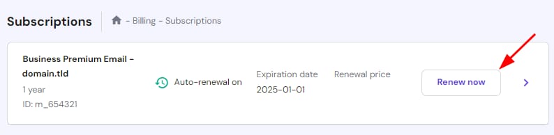 Hostinger subscriptions page with the Renew now button highlighted for a Business Premium Email plan