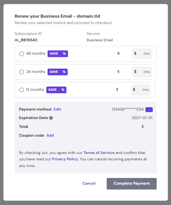 Hostinger Business Email renewal checkout with 48-month plan option selected and Complete Payment button