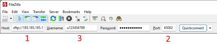 FileZilla quickconnect bar with host, username, password and port fields highlighted for SFTP login