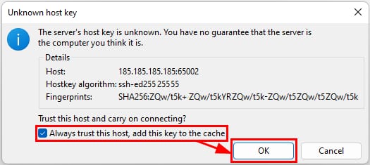 SFTP host key confirmation dialog with “Always trust this host” checked and OK button highlighted