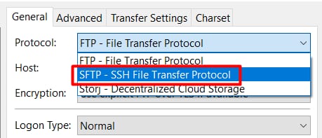 SFTP protocol option selected in a file transfer client dropdown