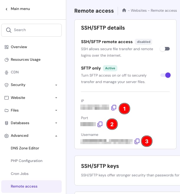 Hostinger Remote access panel showing SSH/SFTP details with IP, port, and username fields highlighted