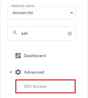 Hostinger dashboard menu with SSH Access option highlighted under Advanced