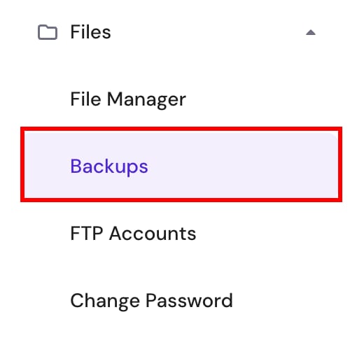 Hostinger hPanel Files menu with Backups option selected
