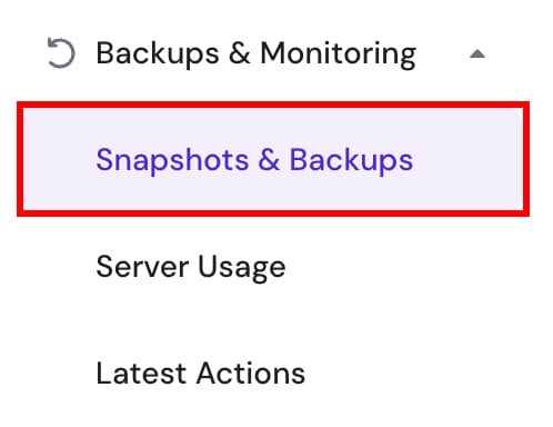 Hostinger VPS menu highlighting Snapshots & Backups under Backups & Monitoring