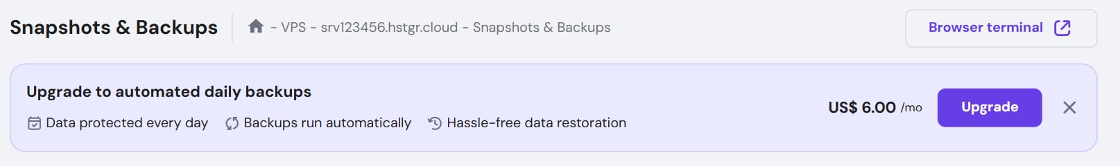VPS Snapshots & Backups page showing upgrade to automated daily backups banner with Upgrade button and US$6.00/mo price