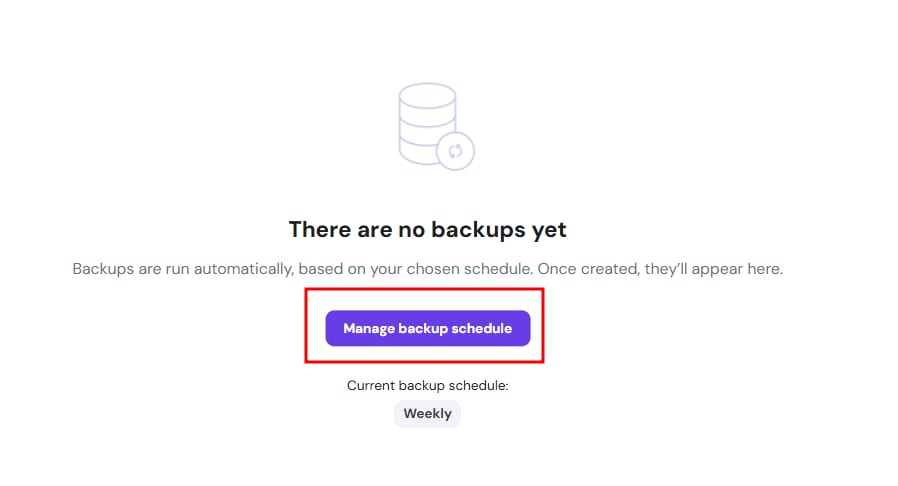 Backup schedule page with highlighted Manage backup schedule button and current weekly backup schedule