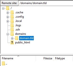 FTP remote site folder tree with domain.tld highlighted under domains