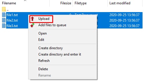 FTP client context menu with Upload option highlighted