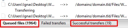 FTP client transfer queue with Queued files and Successful transfers tabs highlighted