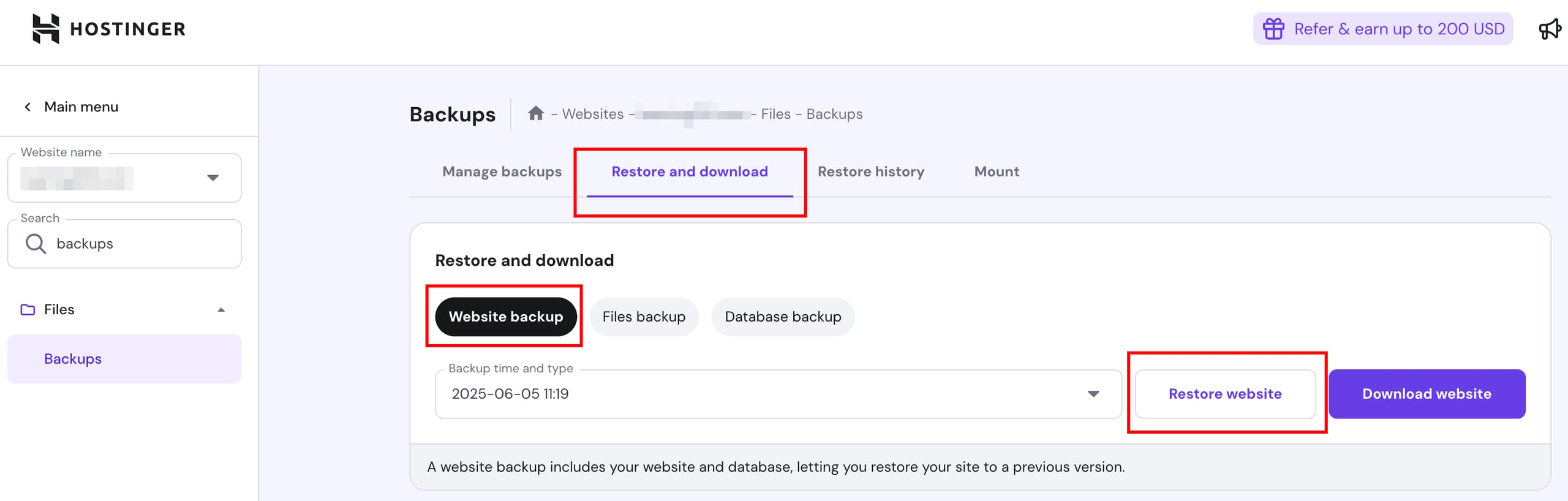 Hostinger backups page with Restore and download tab, Website backup selected, Restore website button highlighted