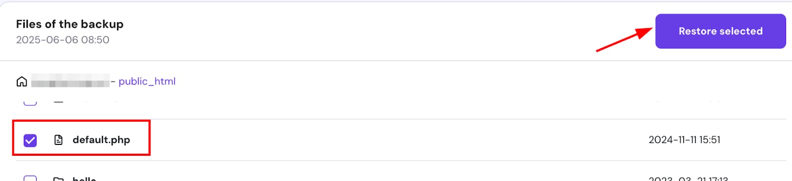 Backup file list with default.php selected and Restore selected button visible