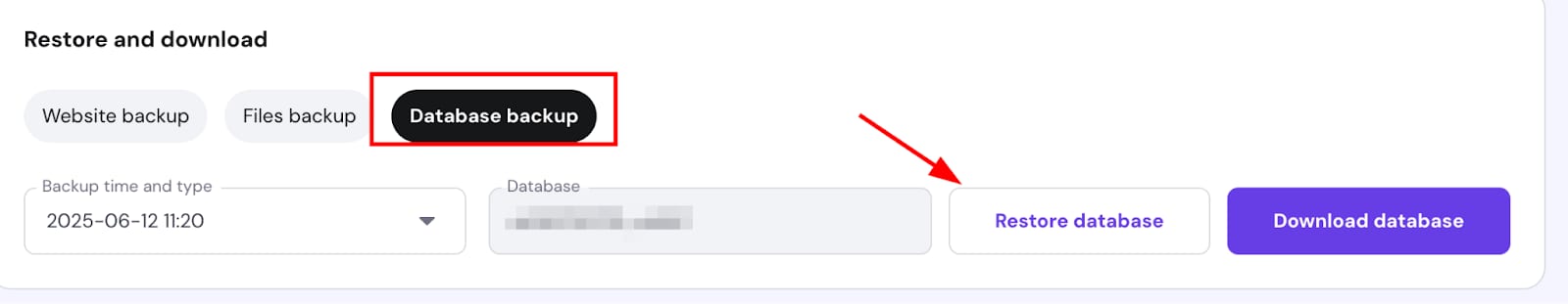 Hostinger database backup tab with Restore database button highlighted