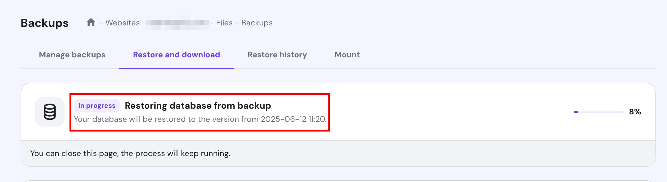 Hostinger backups page showing in-progress database restore from backup