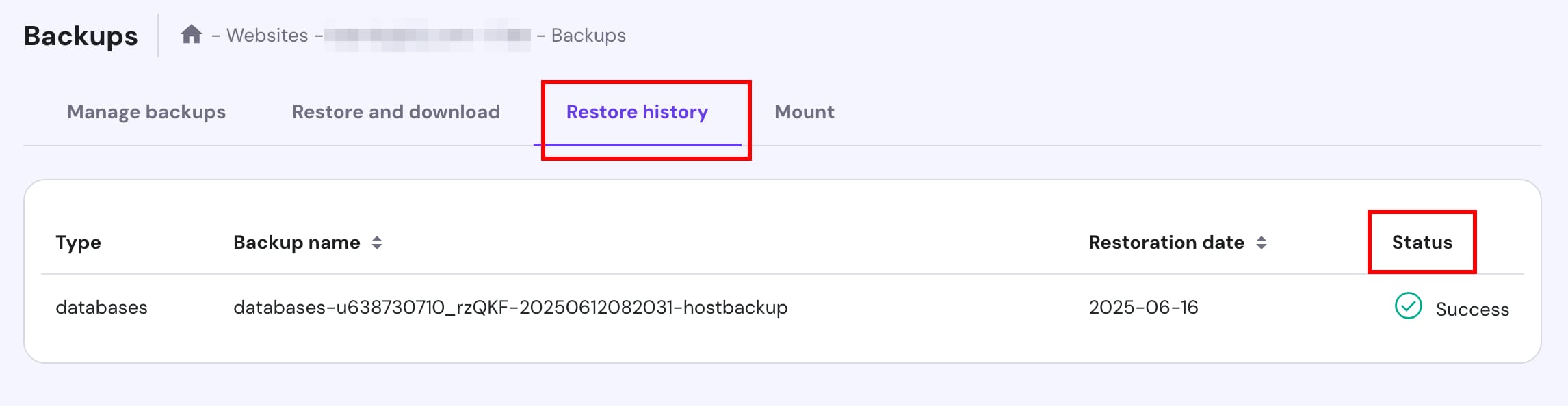 Hostinger backups restore history tab showing status success table