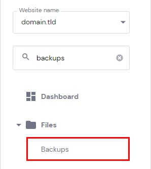 Hostinger hPanel sidebar with Backups menu item highlighted under Files