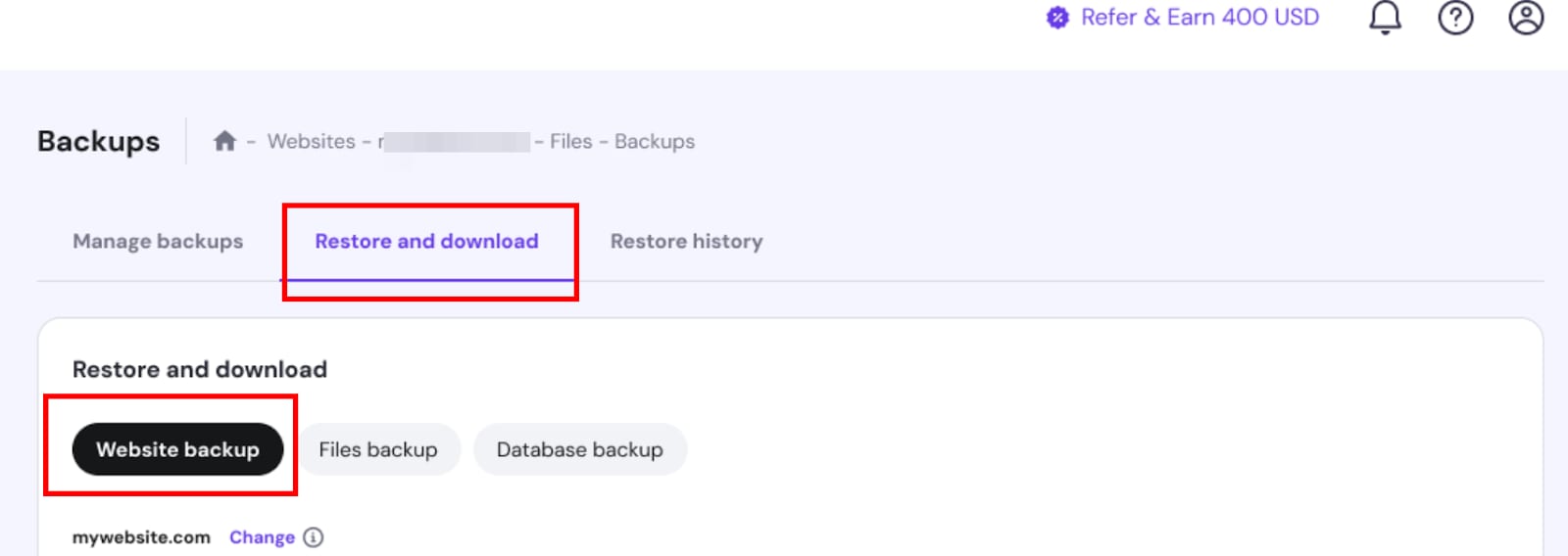 Hostinger backups page with Restore and download tab and Website backup selected