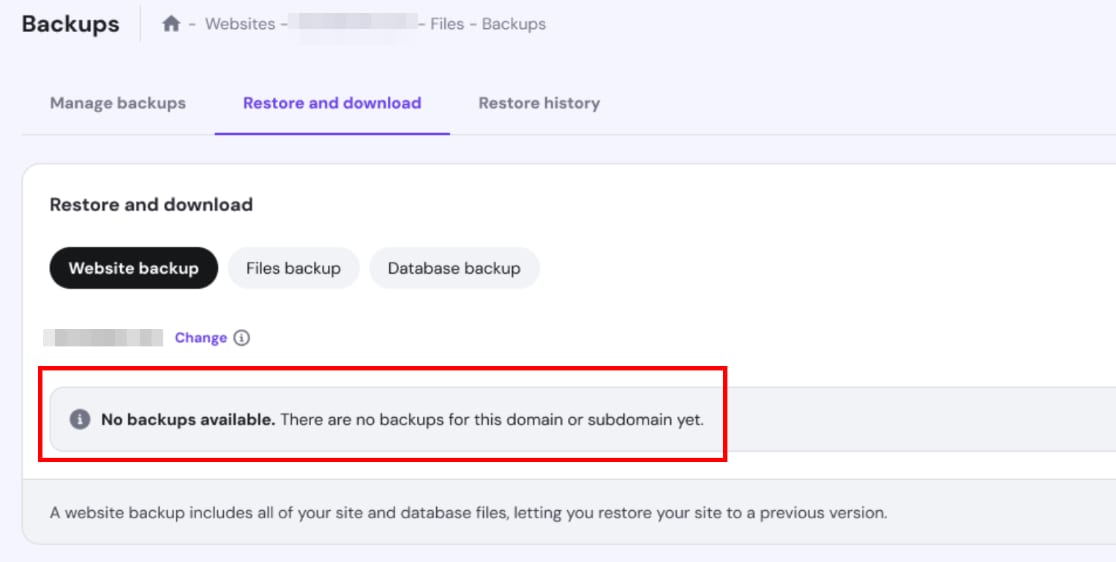 Hostinger backups page showing “No backups available” for Website backup