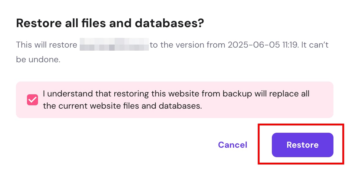 Hostinger backup restore confirmation with Restore button highlighted