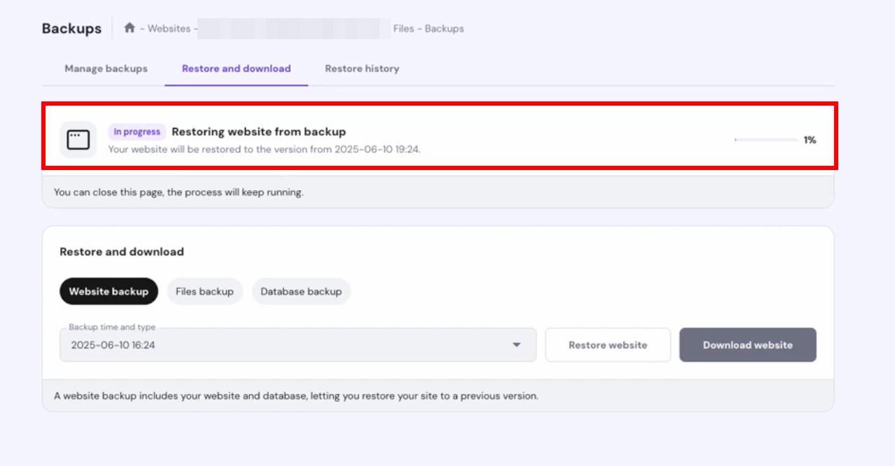 Hostinger backups page showing website restore in progress at 1%