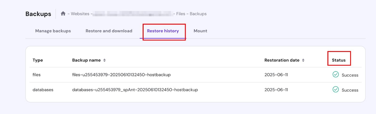 Hostinger Backups restore history tab and status column highlighted in backup table