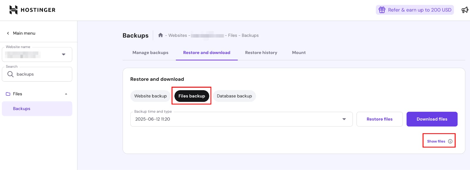 Hostinger Backups page with Files backup tab selected and Show files link highlighted
