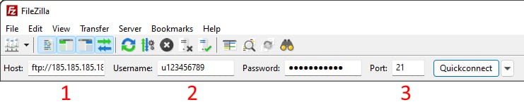 FileZilla window with the Host field highlighted for FTP login details