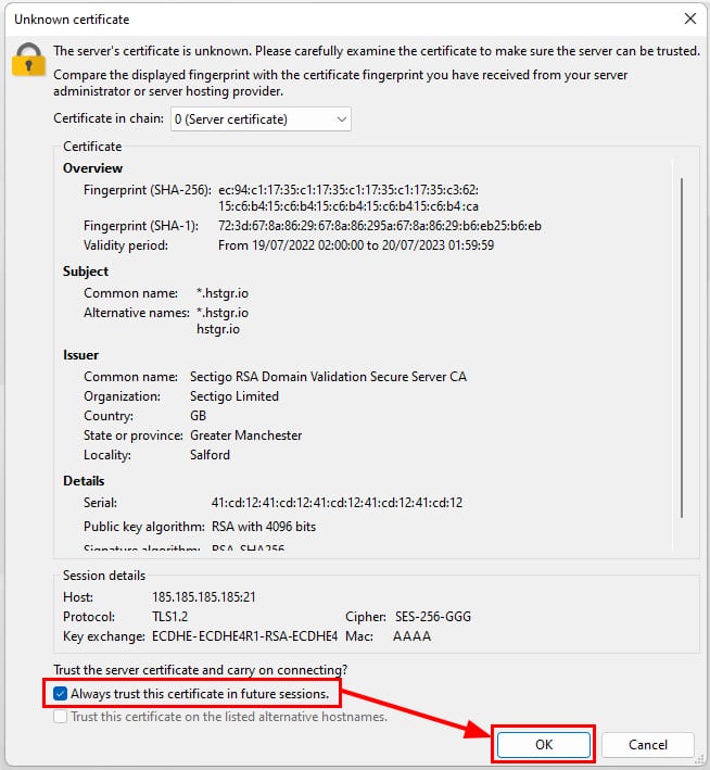 Unknown certificate dialog with "Always trust this certificate in future sessions" checkbox and OK button highlighted