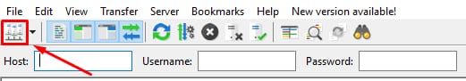 FTP client toolbar with host, username, and password fields, highlighting the host input box