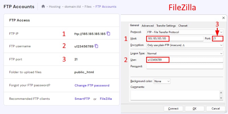 Hostinger FTP Accounts and FileZilla FTP settings with host, username, and port 21 highlighted