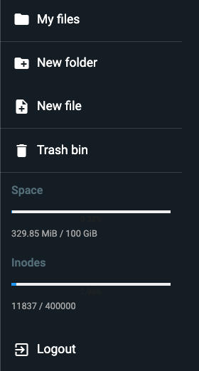 Hostinger file manager left menu with My files, New folder, New file, Trash bin, storage usage, and Logout