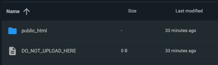Hostinger file manager showing public_html folder and DO_NOT_UPLOAD_HERE file