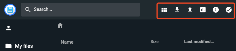 Hostinger file manager toolbar with the grid view button highlighted at the top right