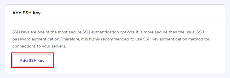 Hostinger hPanel Add SSH key button highlighted