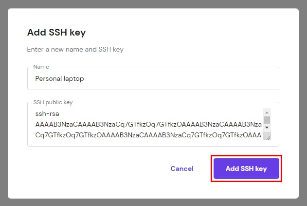 Hostinger hPanel add SSH key dialog with Add SSH key button highlighted