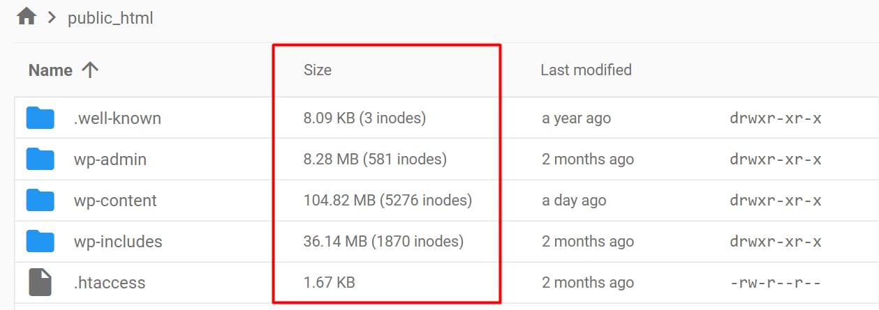Hostinger file manager showing public_html directory size and inode counts column highlighted