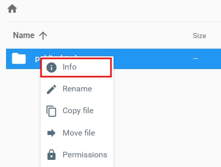 File manager context menu with the Info option highlighted on a selected folder
