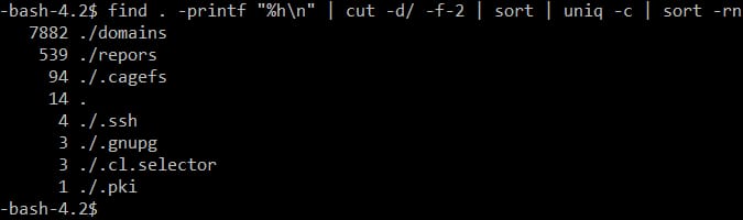 Terminal showing inode usage counts per directory, with .domains highlighted as the largest folder