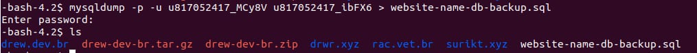 Hostinger SSH terminal showing mysqldump command to create website-name-db-backup.sql, with the backup file highlighted
