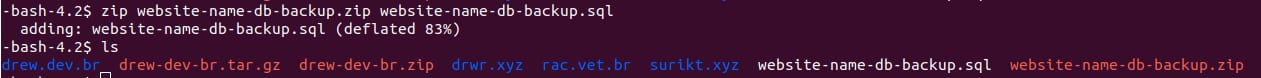 SSH terminal showing zip command creating website-name-db-backup.zip from website-name-db-backup.sql