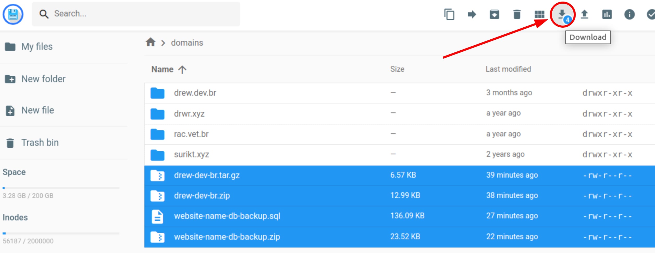 Hostinger file manager with the Download button highlighted for selected backup files