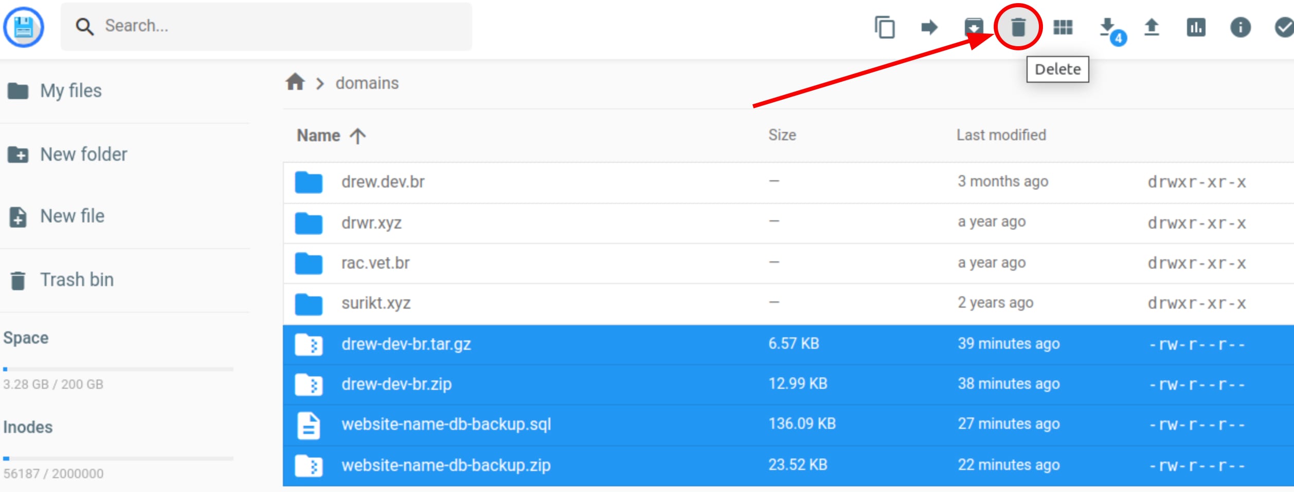 Hostinger file manager delete icon highlighted in the top toolbar