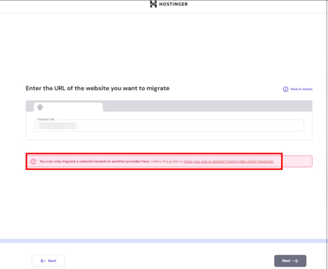 Hostinger migration request error message about only migrating websites hosted by another provider