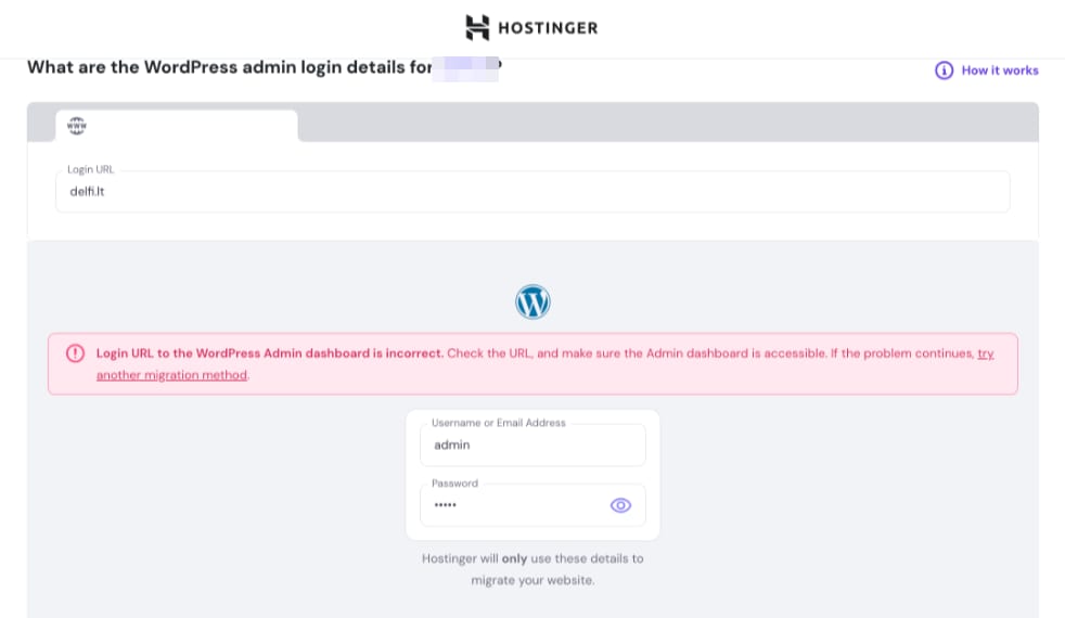 Hostinger migration request error: incorrect WordPress admin login URL highlighted in pink alert