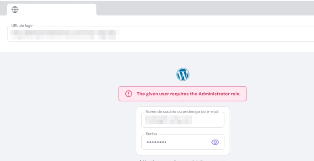 WordPress login screen with error message requiring the Administrator role for the selected user