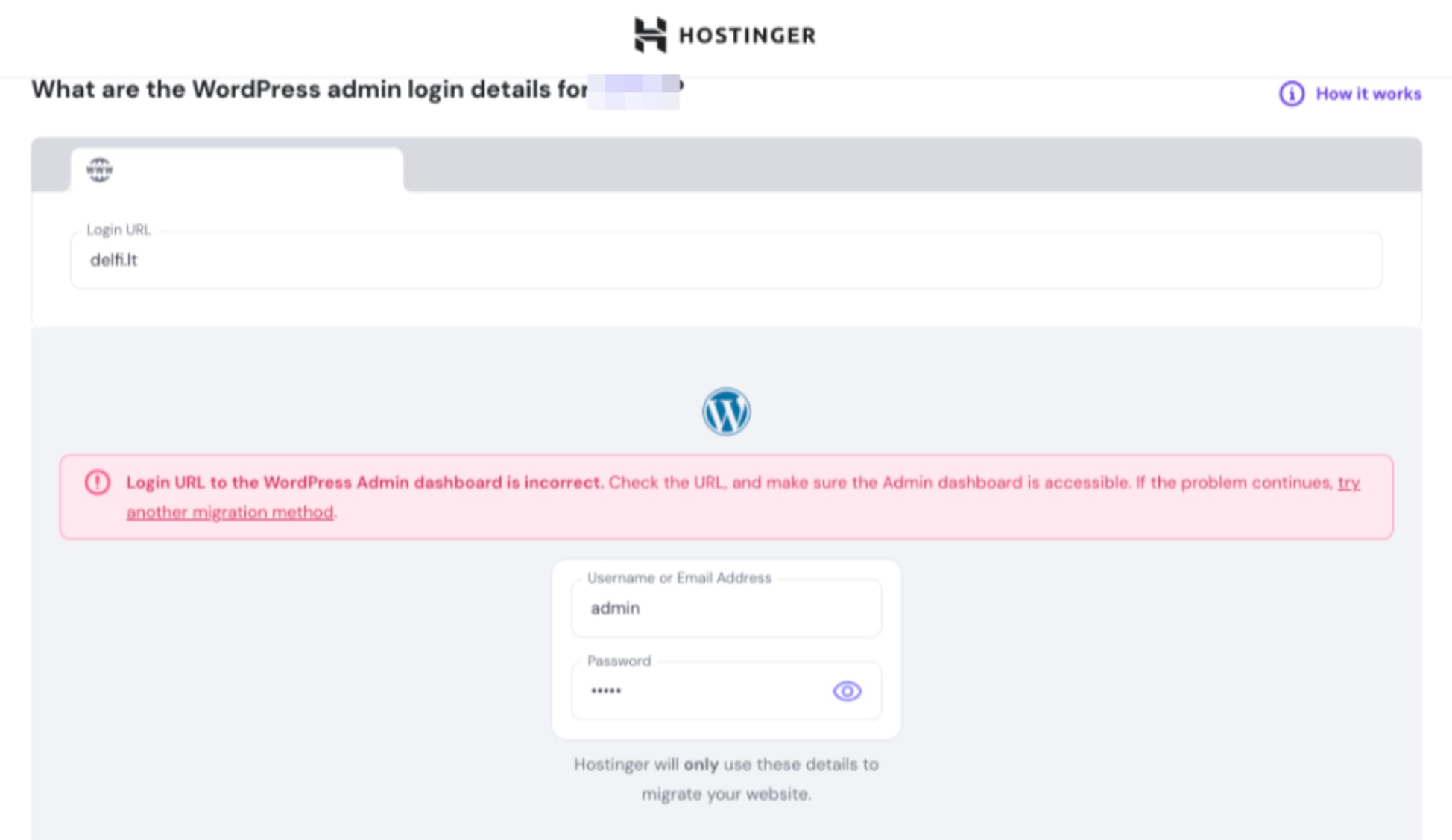 Hostinger WordPress migration form with incorrect Login URL warning and admin login fields