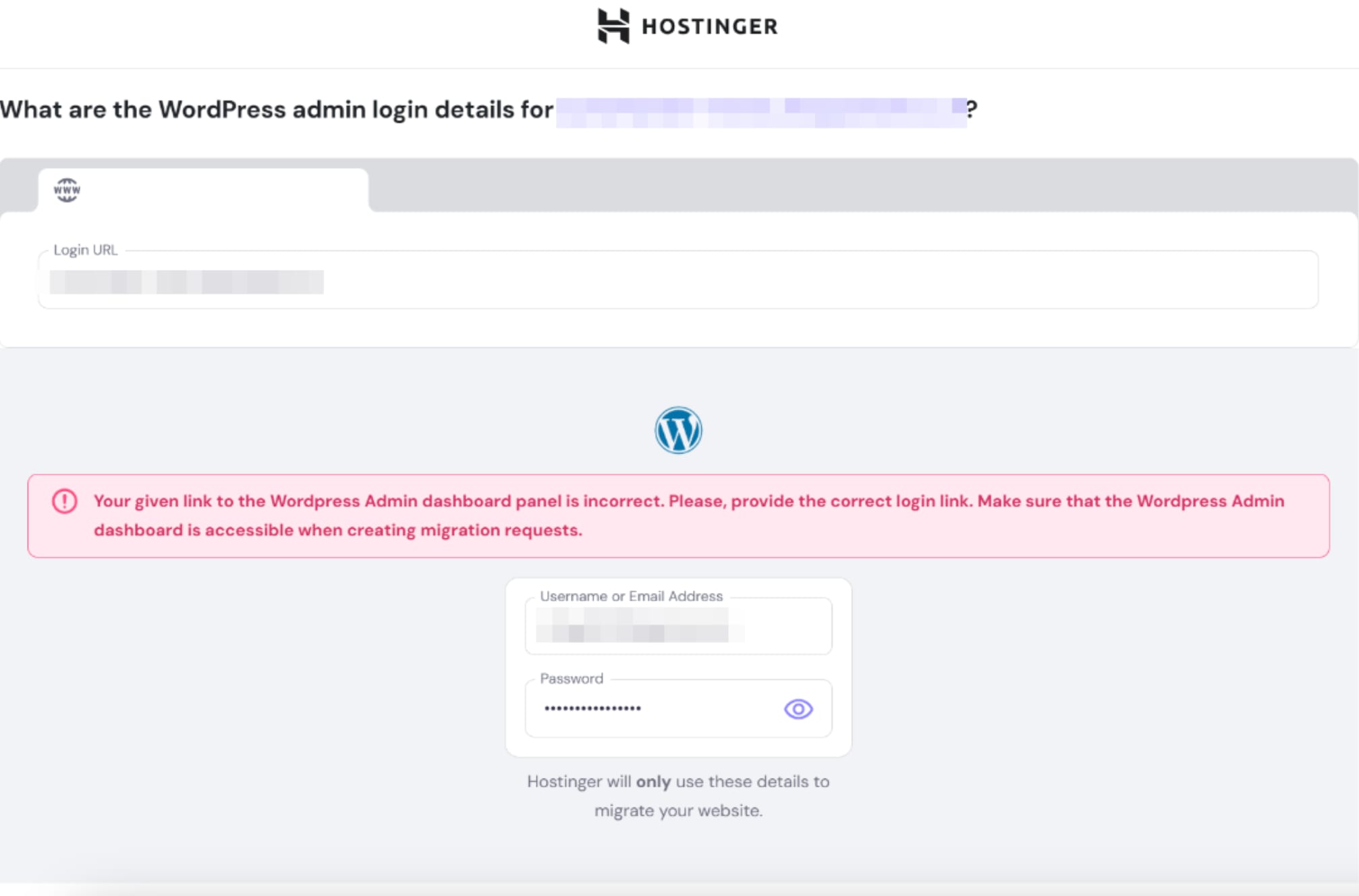 Hostinger migration request showing incorrect WordPress admin login URL and credentials form