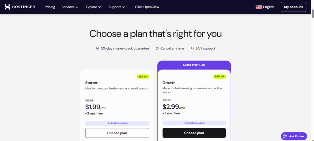Hostinger pricing page with Starter and Growth plans; Growth is marked most popular.